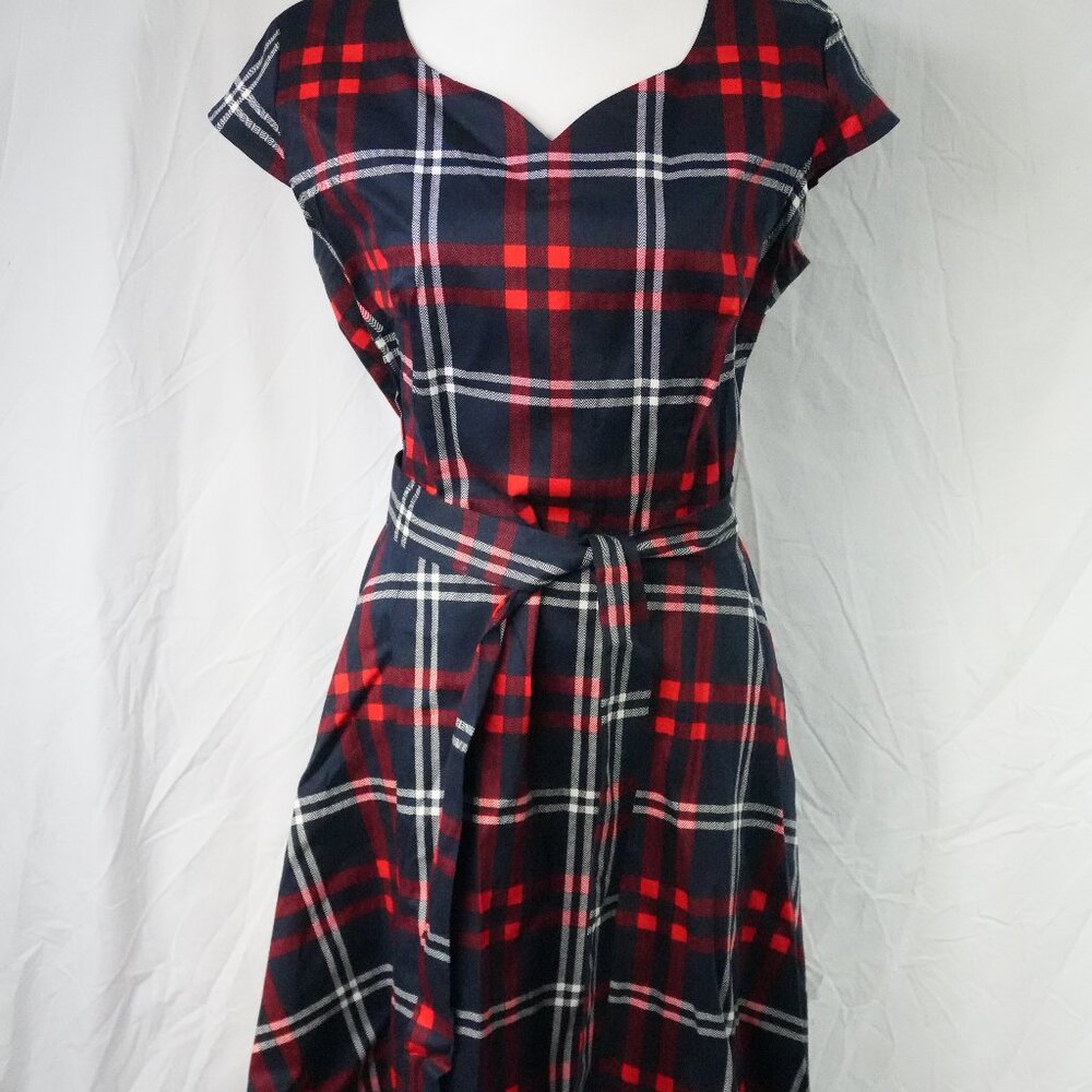 LNC 2XL Plaid Dress Midi Dress Tells Womens Red Navy Blue White Holiday Dress